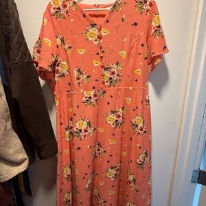 Chic Floral Coral Midi Dress